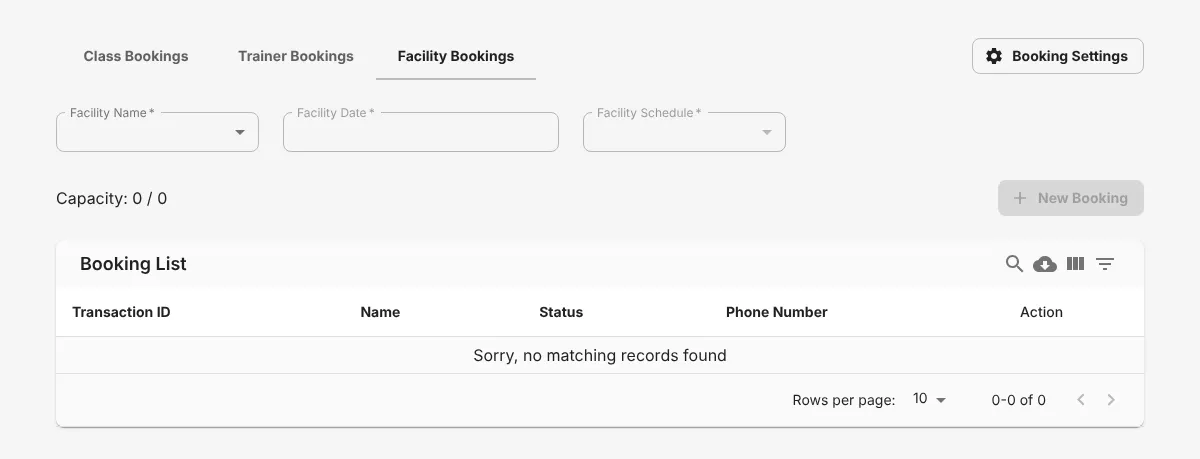 Facility Bookings tab