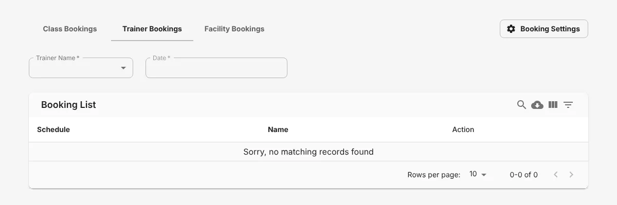 Trainer Bookings tab