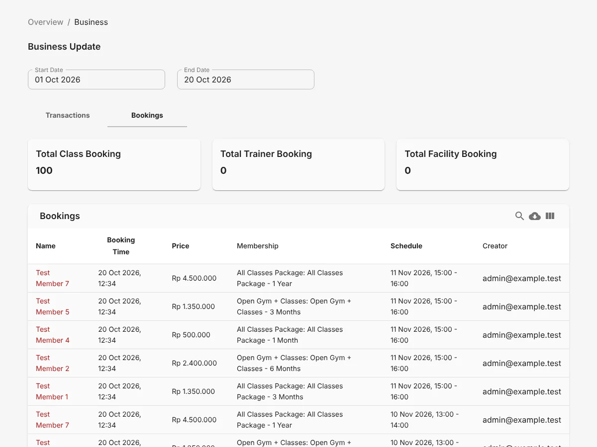 Bookings tab in Business Update