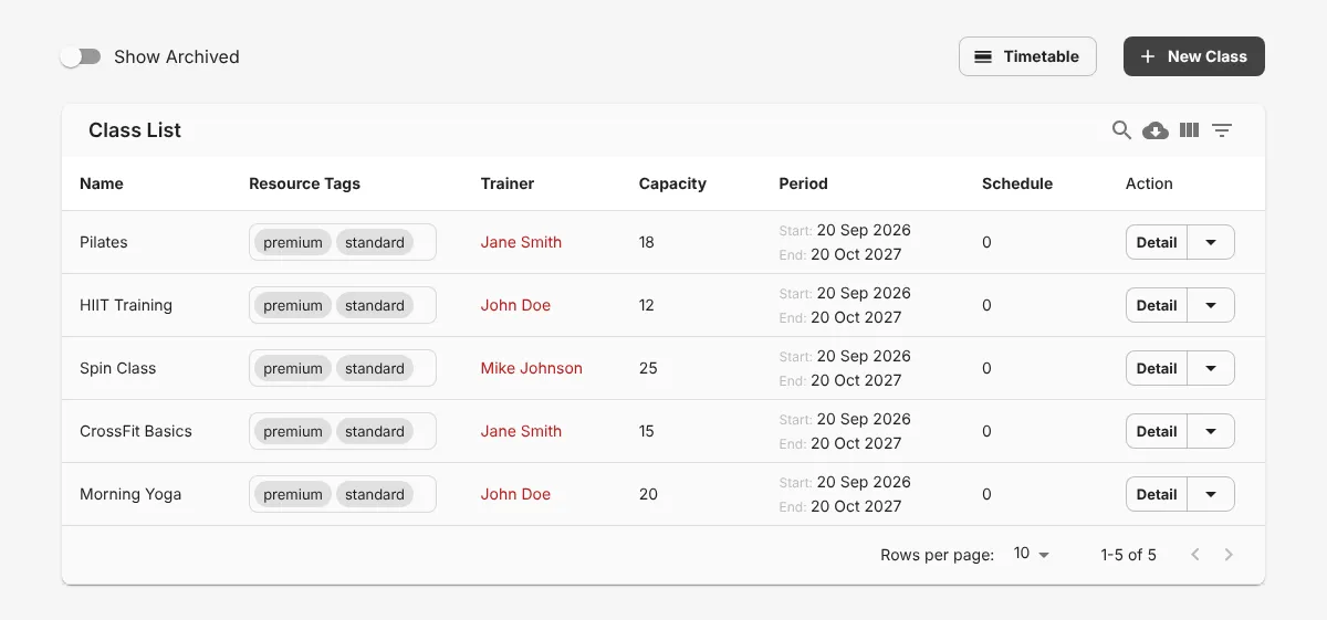 Class List with the New Class and Timetable buttons