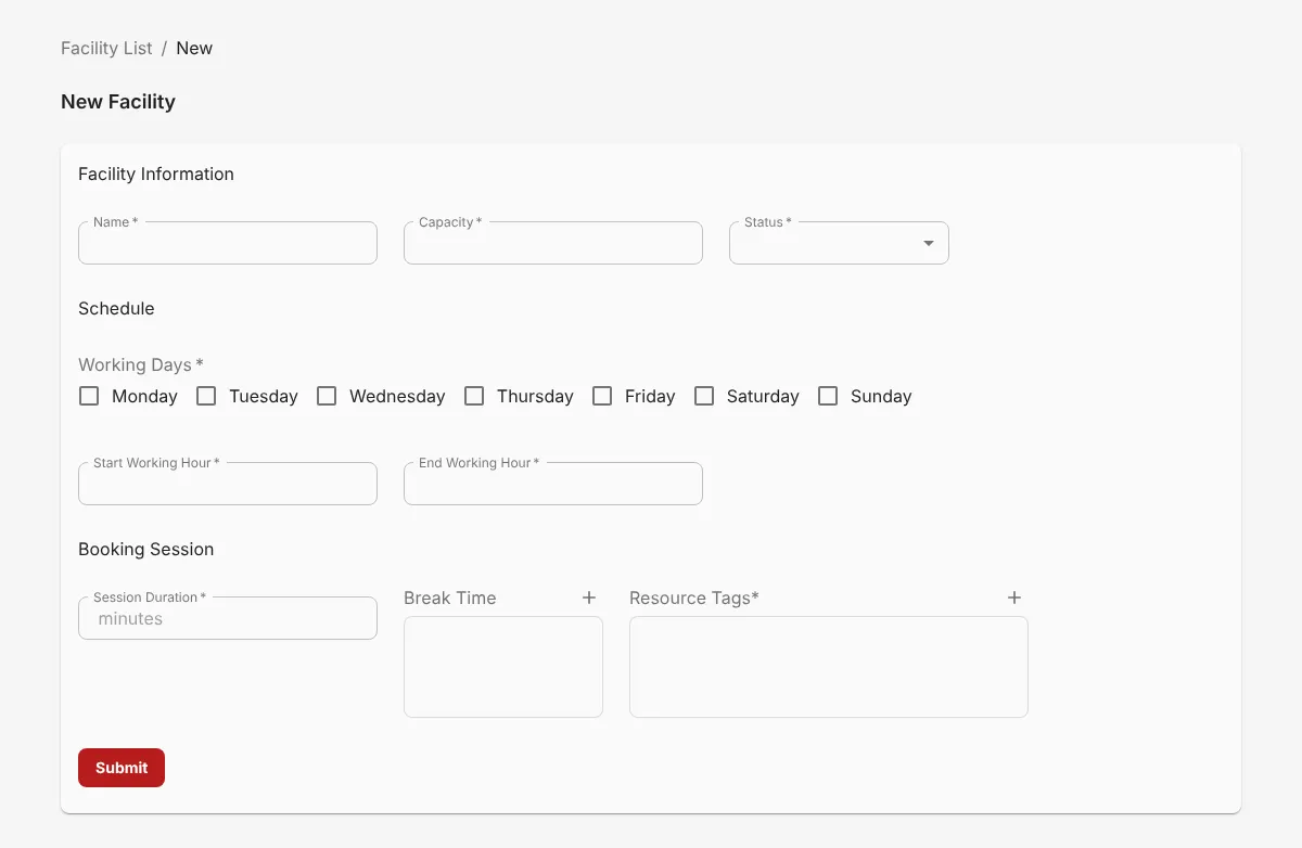 New Facility form
