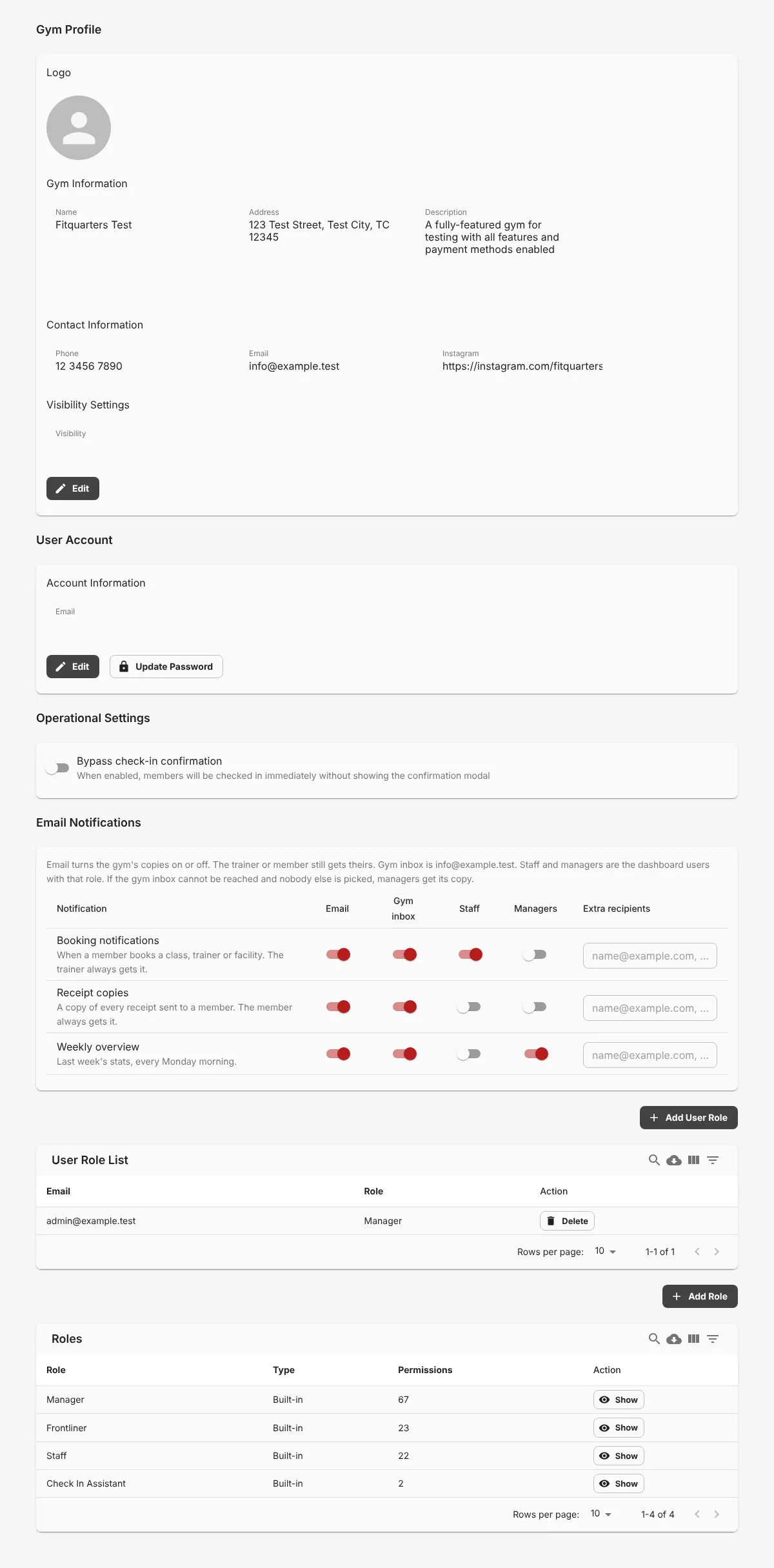 Full Gym Profile page