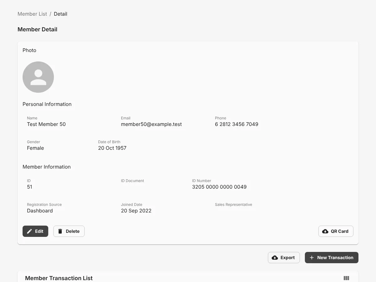 Member detail with the New Transaction button